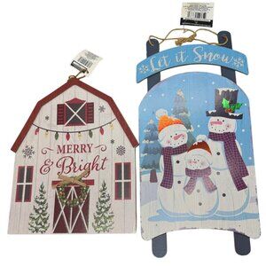 Christmas House Merry & Bright Barn & Let It Snow Snowman Wooden Wall Signs READ